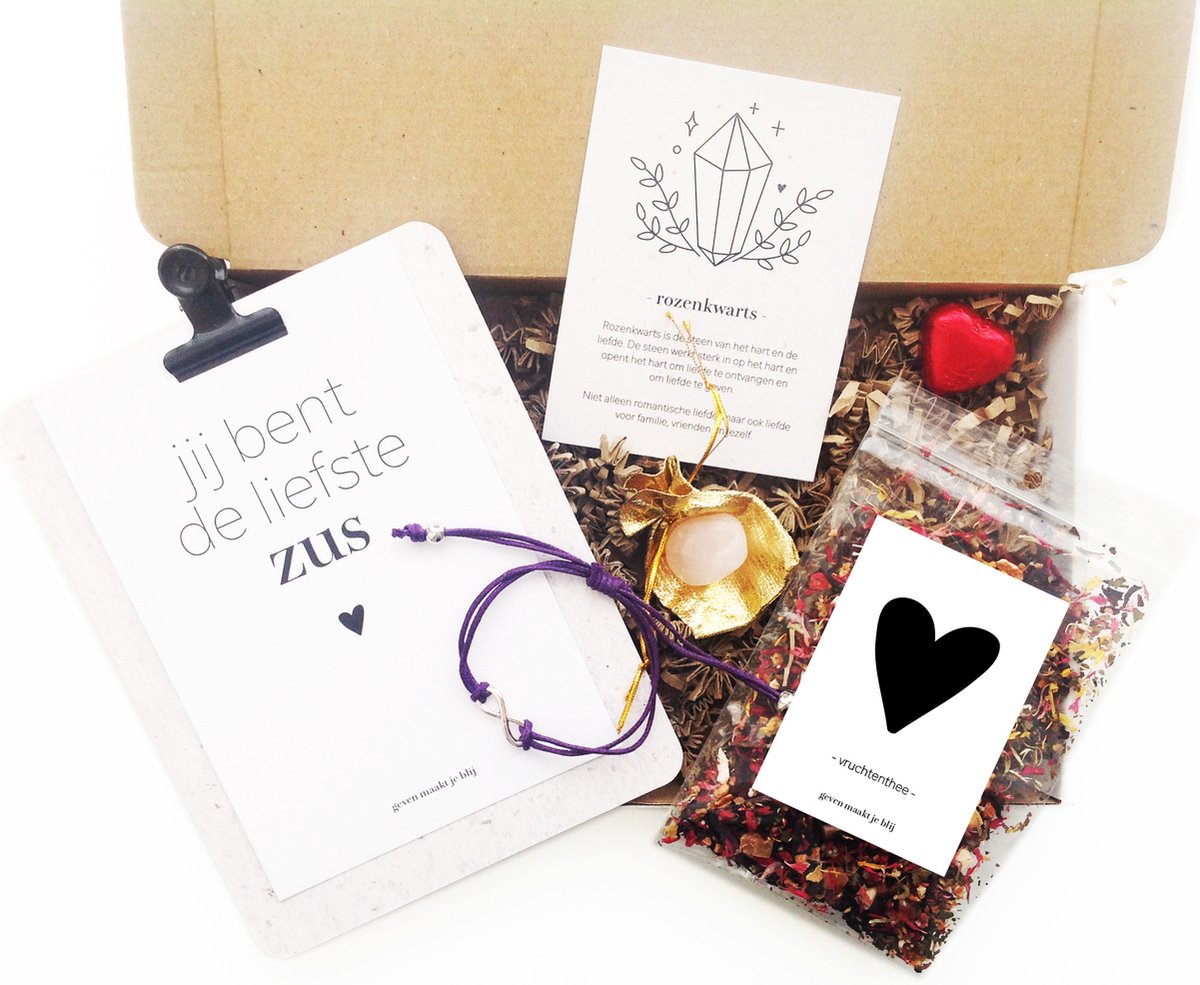 Cadeaupakket jij bent de liefste zus | brievenbus | rozenkwarts | infinity armband | thee